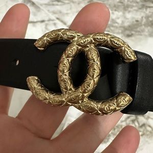 Chanel size 90 black leather belt with gold hardware